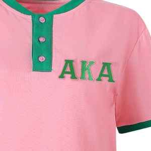 เสื้อยืดผู้หญิงสีชมพูเขียวเฮนลีย์แขนสั้นตัดเย็บแบบคอนทราสต์ติดกระดุมด้านหน้าเสื้อยืดลำลองสวมใส่ได้ทุกวัน - Product Image 2