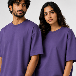 Camiseta Oversize de Algodón Morado con Cuello Redondo y Manga Corta para Hombre y Mujer, Estilo Casual, Color Sólido, Tejido de Punto Jersey, Corte Regular, Unisex, Top Streetwear - Product Image 6