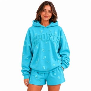 Ensemble de survêtement pour femme de haute qualité, blanc, brodé de fleurs, coupe ample, en coton, sportif, toutes saisons, deux pièces avec détail nœud - Product Image 4