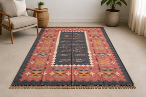 Tapis rectangulaire à motif géométrique Krafterscustom en laine et acrylique, kilim écologique, tufté à la main, tissage plat, poils moyens, latex - Product Image 3