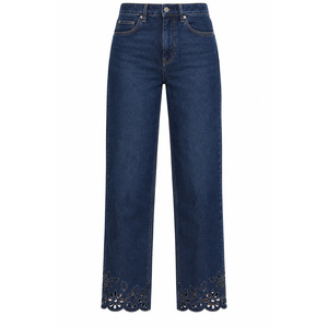 Jeans de Mezclilla para Mujer, Cintura Alta, Corte Recto, con Adornos Florales en el Dobladillo, Color Índigo - Product Image 1