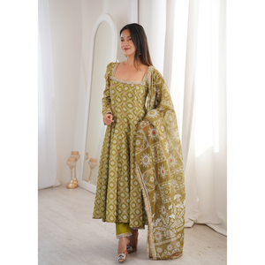 Classic Printed Maslin Anarkali Gown Set With <b>Mirror</b> Lace Organza Dupatta Straight Pant Fully Stitched Ethnic Wear( HTU 55) - Product Image 5
