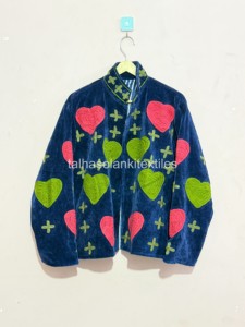 <b>Velvet</b> Embroidered Jacket <b>Women</b> Mandarin Collar Full Sleeve Heart Applique Autumn <b>Coat</b> Handmade Design - Product Image 4