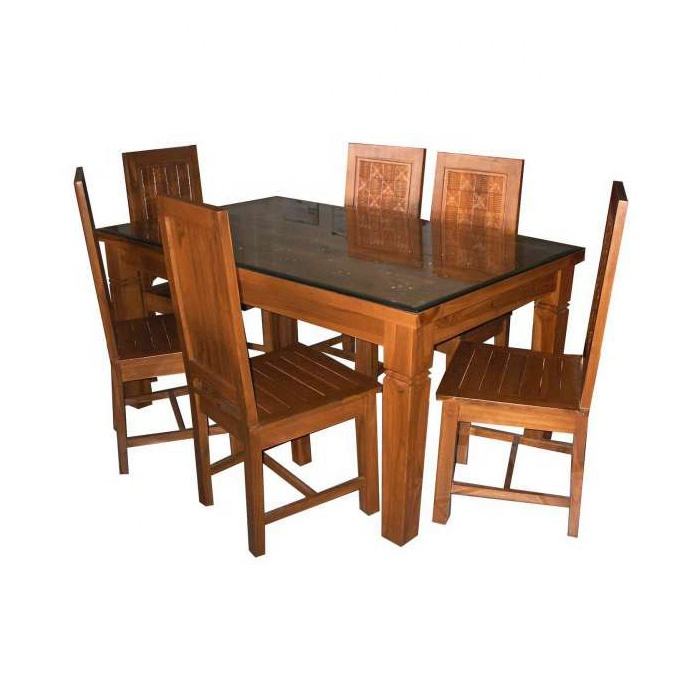Solid Teak Wood Dining Table Set Walnut-Colored Chairs Modern