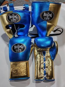 No Boxing No Life Guantes de Boxeo de Cuero Azul y Dorado con Cierre de Gancho y Bucle, Juego Completo de Entrenamiento para Adultos con Protección para Cabeza e Ingle - Product Image 4