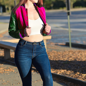 Veste courte universitaire pour femme, style bomber Letterman, rose, magenta, vert, manches en similicuir, vêtement d'extérieur décontracté, mode féminine - Product Image 1