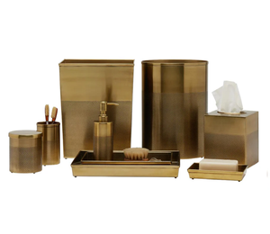 Luxurious satin brass metal bathroom organizer set showcasing subtle mesh micro texture, available at wholesale price - Product Image 1
