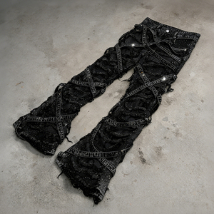 Vaqueros acampanados de hombre con pedrería, diseño de tiras cruzadas, flecos, lavado negro, algodón grueso, estilo streetwear - Product Image 1