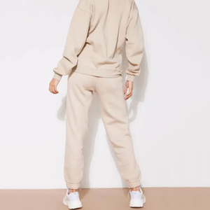 Ensemble de survêtement beige à capuche pour femme, 2 pièces, sweat-shirt à manches longues, pantalon de jogging, couleur unie, 100% coton, respirant, streetwear, hiver - Product Image 5