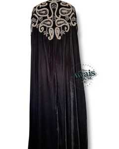 Ethnic Style White Muslim Women's <b>Plus</b> <b>Size</b> Georgette Beaded Handmade Lightweight High Neck Floor <b>Kaftan</b> Long Sleeves Flared Hem - Product Image 6