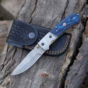 Cuchillo Plegable de Acero de Damasco Hecho a Mano, Profesional, Hermoso y Personalizado, de Grado Industrial, para Campismo al Aire Libre, con Funda - Product Image 1
