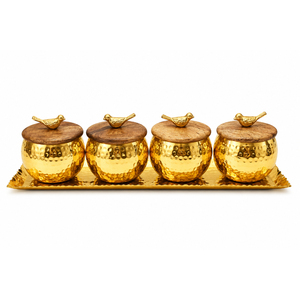 Ensemble de 3 bols classiques dorés avec couvercle et plateau en bois, style moderne, sucrier, récipient à condiments pour le rangement en cuisine - Product Image 3