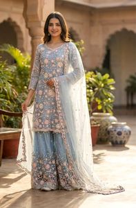 Designer <b>Net</b> Sharara Suit Set with <b>Dupatta</b> Heavy Embroidery Ethnic Wedding Party Wear Outfit with Satin Inner Elegant Style - Product Image 5