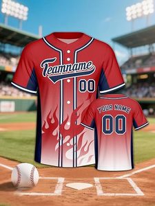 Custom Baseball Jersey Red Navy <b>Flame</b> Design Sublimation Print Breathable Polyester Men's Short Sleeve Button Up <b>Shirt</b> - Product Image 5
