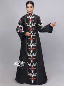 Awais House Women's Black Taffeta Floor-Length Modest A-Line Kaftan V-neck Long Sleeve Beaded Embroidery Natural Waist Evening - Product Image 6