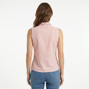 Blusa sin mangas con cuello mandarín y bordado floral de moda para mujer, estilo casual DTG, top sin mangas personalizado con cuello en V, boutique. - Product Image 2