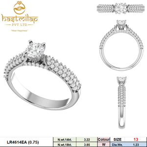 Bague de fiançailles classique en or 14 carats plaqué rhodium, diamant naturel solitaire, triple rangée d'accentuations en diamant pavé, éclat radieux - Product Image 2