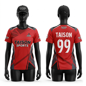 เสื้อคริกเก็ตหญิง 180 GSM โพลีเอสเตอร์อินเตอร์ล็อค สีคอรัล กรมท่า แถบข้างสีทอง พิมพ์ลายแบบซับลิเมชั่นตามสั่ง ชุดทีม - Product Image 6