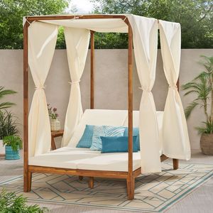 Lit de repos extérieur en teck de style moderne avec auvent, rideaux et coussins pour villas de villégiature et hôtels - Product Image 1