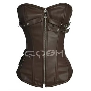 Corset en cuir marron à baleines en acier, fermeture éclair sur le devant, avec double ceinture à lanières - Product Image 1