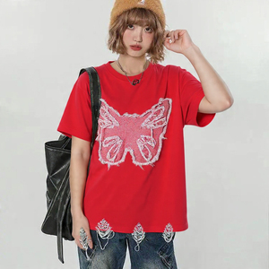 เสื้อยืดทรงหลวมปักลายขาดๆ สไตล์ดรอปโชลเดอร์ สำหรับผู้หญิง ใส่ได้ทุกวันช่วงฤดูร้อน คอกลม โอเวอร์ไซส์ - Product Image 1