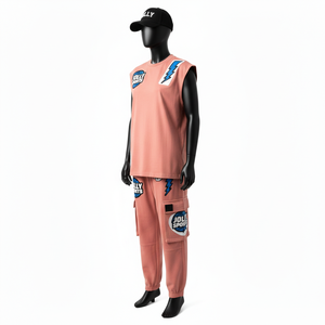 Men Sleeveless Two Piece Set Cotton Polyester Fabric 230 GSM Breathable <b>Peach</b> Tone Custom Logo Sleeveless <b>shirt</b> and pant men's - Product Image 4