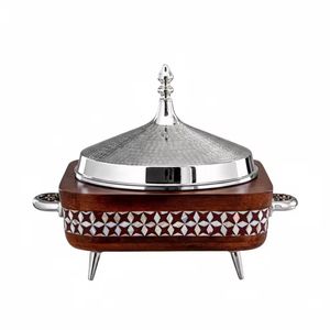 Plat de service de luxe en acier inoxydable avec base en bois, chauffe-plat de buffet avec couvercle, vaisselle de traiteur pour hôtel - Product Image 1