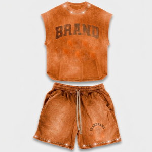 ชุดเสื้อยืดแขนกุดและกางเกงขาสั้นสำหรับผู้หญิง ผ้าคอตตอนผสมโพลีเอสเตอร์เนื้อนุ่ม พรีเมียม 185 GSM สไตล์วินเทจ รับสกรีนโลโก้ ชุดเซ็ตสำหรับผู้หญิง - Product Image 1