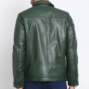 Veste de moto pour homme en cuir de vachette véritable vert, imperméable, col rabattu, fermeture éclair, coupe ajustée, longueur normale, couleur unie - Product Image 4