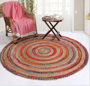 Round Braided Jute Area <b>Rug</b> Bohemian Style <b>Flat</b> Pile Eco Friendly Spot Clean Living Room <b>Rug</b> Multicolor Striped Pattern - Product Image 1