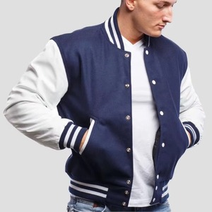 Blouson universitaire bleu marine pour homme, manches blanches, style preppy, coupe classique, fermeture éclair, respirant, col montant, brodé, automne - Product Image 1