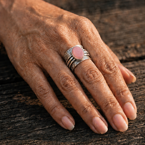 JewelryTownIN Natural Pink Chalcedony Vintage Wide Band Silver Plated Bohemian Spinner <b>Ring</b> for Women Party Jewelry - Product Image 3