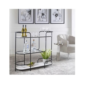 3 Tier Multi Level Bar <b>Console</b> <b>Table</b> Luxury Pill Shaped Serving Sideboard with White Faux Marble Stone and Clear Glass Tiers - Product Image 2