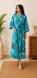 Bata de dormir de verano para mujer, larga, con estampado de pájaros, cuello en V, manga tres cuartos, de tela no tejida, 100% algodón, de secado rápido y transpirable - Product Image 2