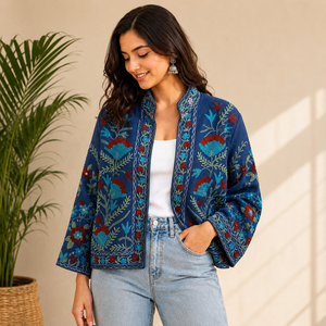 Chaqueta Acolchada de Algodón Bordada para Mujer, con Estampado Floral, Cuello Mao, Manga Farol, Estilo Boho Casual de Invierno, de Secado Rápido - Product Image 1
