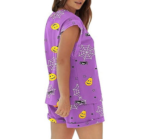 Conjunto de Top y Shorts de Satén 100% Algodón para Mujer, Estilo Casual, Cuello Redondo, Dos Piezas con Bolsillos, para Halloween - Product Image 2