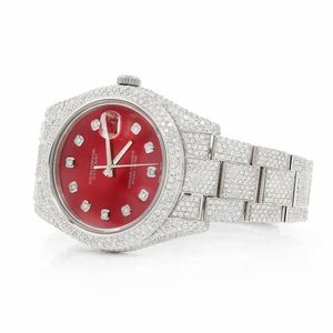 Montre de luxe entièrement sertie de moissanite pour homme, cadran rouge, automatique, mécanique, diamants, acier inoxydable - Product Image 5