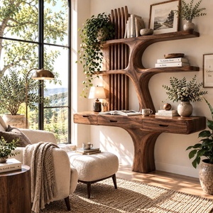 Bureau mural contemporain en bois Luxali avec étagères en forme d'arbre et tiroir pour bureau à domicile - Product Image 6