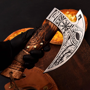 LEGACY BLADES OEM Handmade Carbon Steel Pizza Axe Wooden Handle <b>Etched</b> Blade Kitchen Knife Manufacturer - Product Image 3