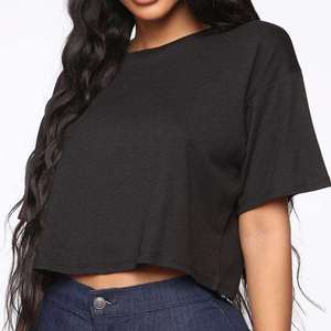 Women's Cropped T-Shirt Short Sleeve O-Neck Loose Fit Cotton Jersey Casual Solid Color Spring Summer <b>Top</b> - Product Image 5