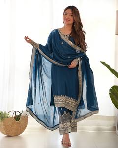 NEW BEAUTIFUL PURE CHINON <b>SILK</b> <b>FABRIC</b> QUICK DRY REGULAR FIT SALWAR KAMEEZ SET for PARTY & CASUAL WEAR Women's TROUSERS - Product Image 1