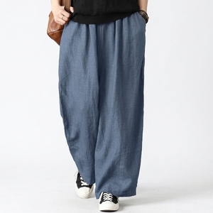 Pantalon large en coton et lin pour homme, taille haute, coupe ample, respirant, pour l'été, avec cordon de serrage, couleur unie, décontracté - Product Image 5