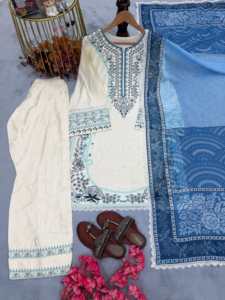 Ensemble prêt-à-porter entièrement cousu en satin de rayonne avec broderie de designer et dentelle fantaisie, comprenant un haut, un salwar Farshi Plazzo et un dupatta. - Product Image 6