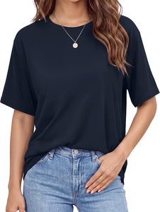 T-shirt femme bleu ample à col en V, manches courtes, coupe classique, en jersey 100 % coton, toile respirante, toutes saisons - Product Image 3