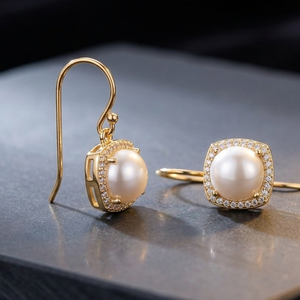 Boucles d'oreilles élégantes en perles blanches CZ, argent sterling 925 plaqué or 18 carats, 10 mm, bijoux ethniques pour femmes - Product Image 1