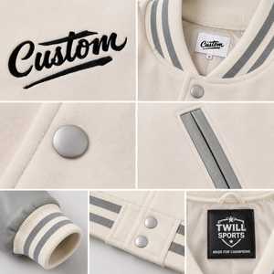 Chaqueta Varsity Personalizada para Hombre, Color Sólido, con Mangas Grises, Letra Bordada en la Parte Delantera, Cuello Camisero, Casual, Invierno, Resistente al Viento - Product Image 5
