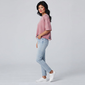 T-shirt en coton décontracté pour femme, col rond, manches courtes, coupe ample, couleur unie, effet vieilli et délavé, printemps-été - Product Image 4