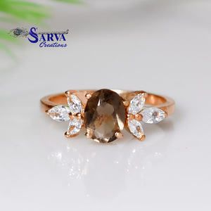 Anillo Halo de Cuarzo Ahumado, Chapado en Oro Rosa, Plata de Ley 925, con Acento de Circonia Cúbica, Romántico y Elegante, para Compromiso o Boda - Product Image 6