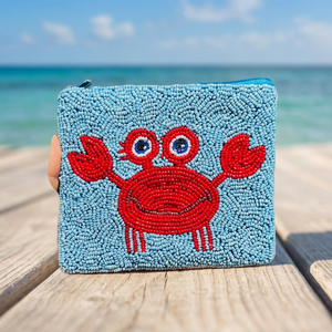 Porte-monnaie carré en coton fait main avec broderie de crabe de dessin animé, bleu clair, pour usage quotidien - Product Image 2