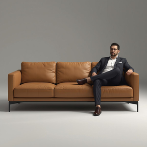 Sofá de Cuero Vacuno Genuino de Estilo Moderno de Mediados de Siglo, 3 Plazas, Tapizado en Cuero Marrón, Líneas Minimalistas, para Muebles de Sala de Estar - Product Image 2